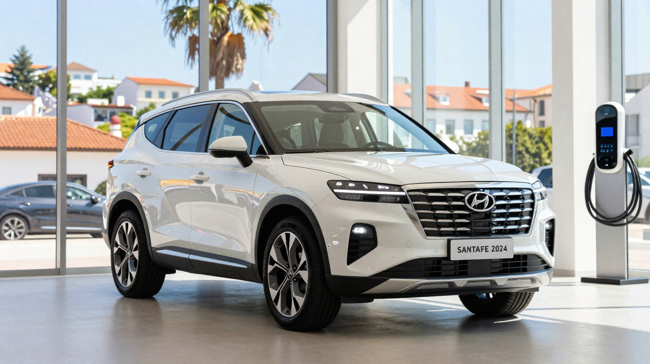 Hyundai Santa Fe 2024 blanc stationné à côté d'une borne de recharge dans un showroom lumineux.