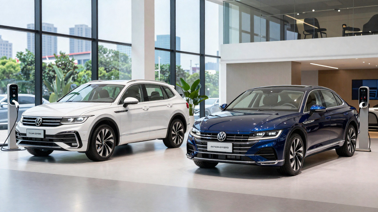 Deux voitures Volkswagen hybrides rechargeable, un SUV blanc et une berline bleue, exposées dans un showroom moderne.