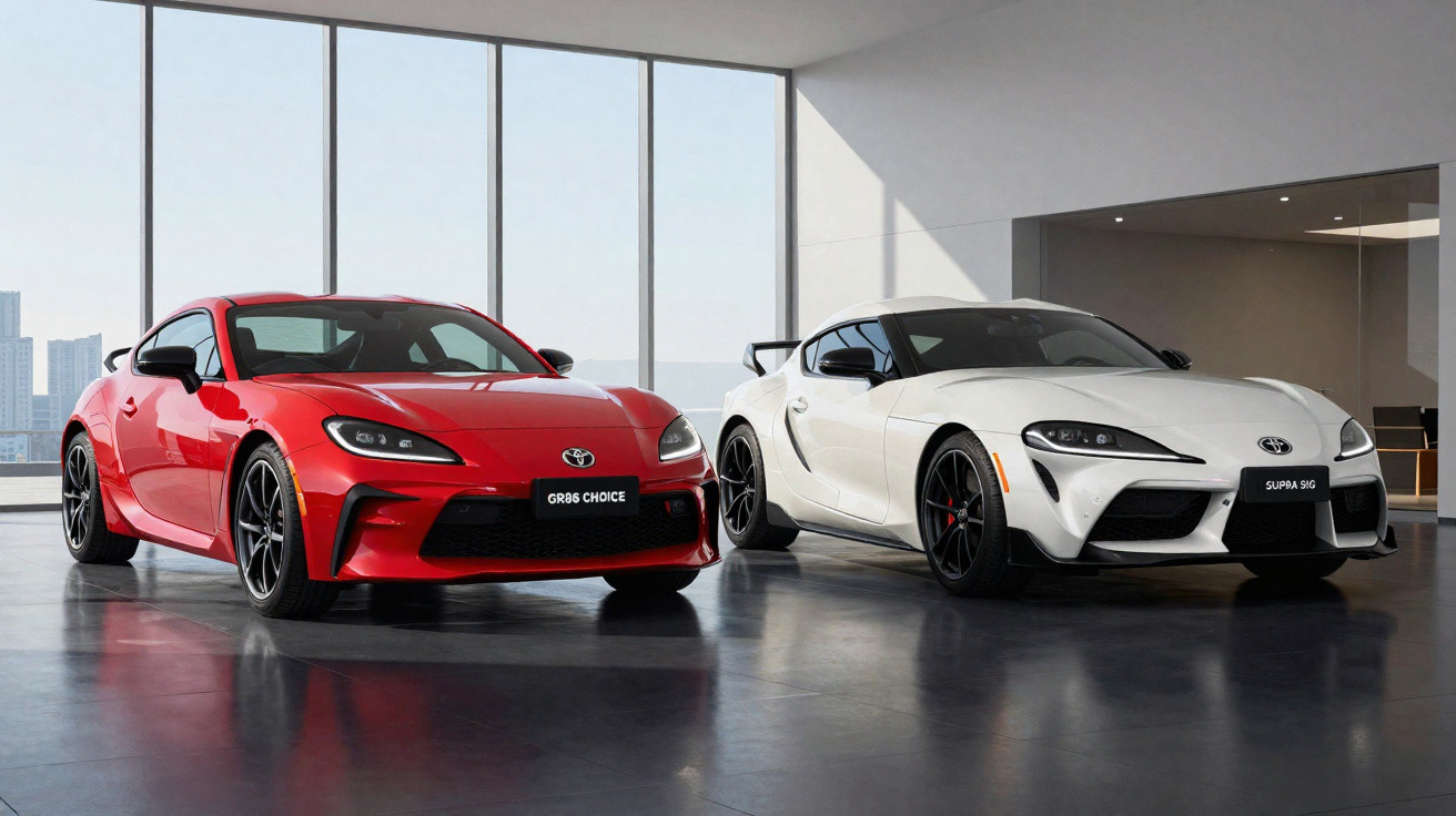 Deux voitures de sport Toyota Supra, une rouge et une blanche, exposées dans un showroom moderne lumineux.