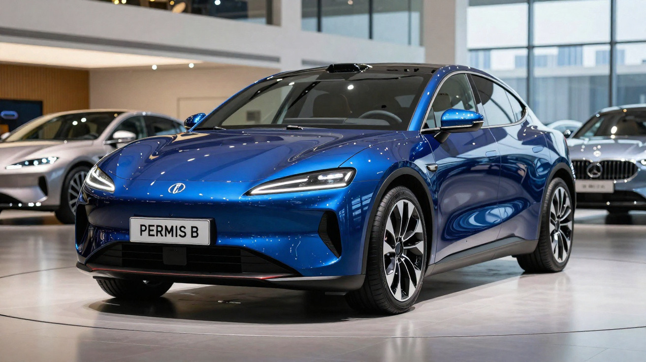 Voiture électrique sportive bleue exposée en showroom avec plaque d’immatriculation "PERMIS B".