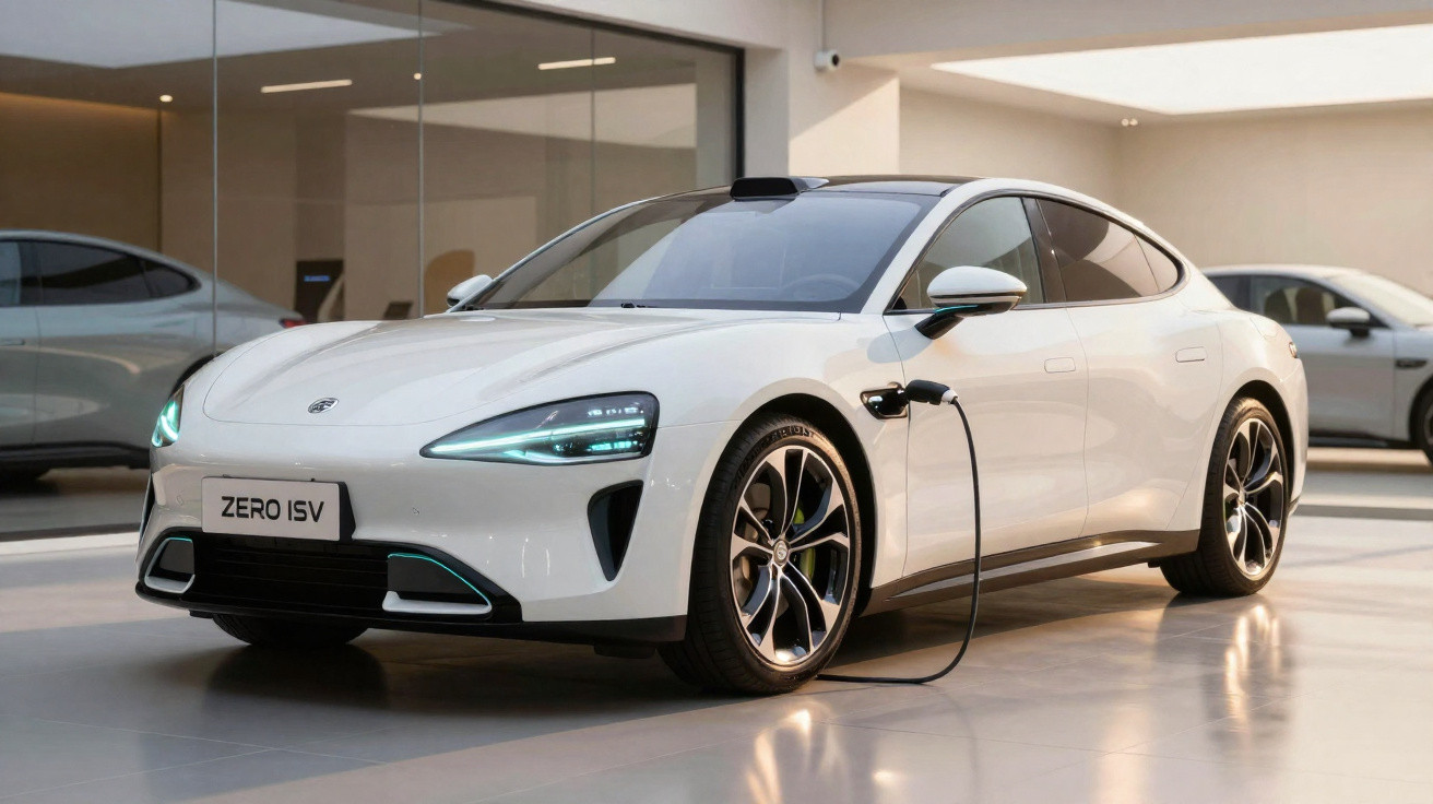 Voiture électrique blanche en charge dans un showroom moderne avec phares allumés et jantes sport.