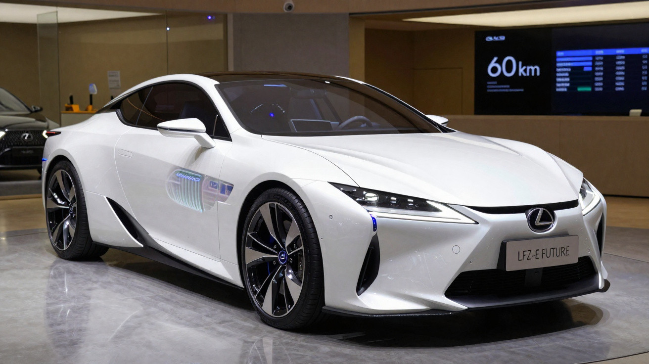 Voiture de sport Lexus électrique blanche modèle LFZ-E FUTURE exposée dans une salle moderne.