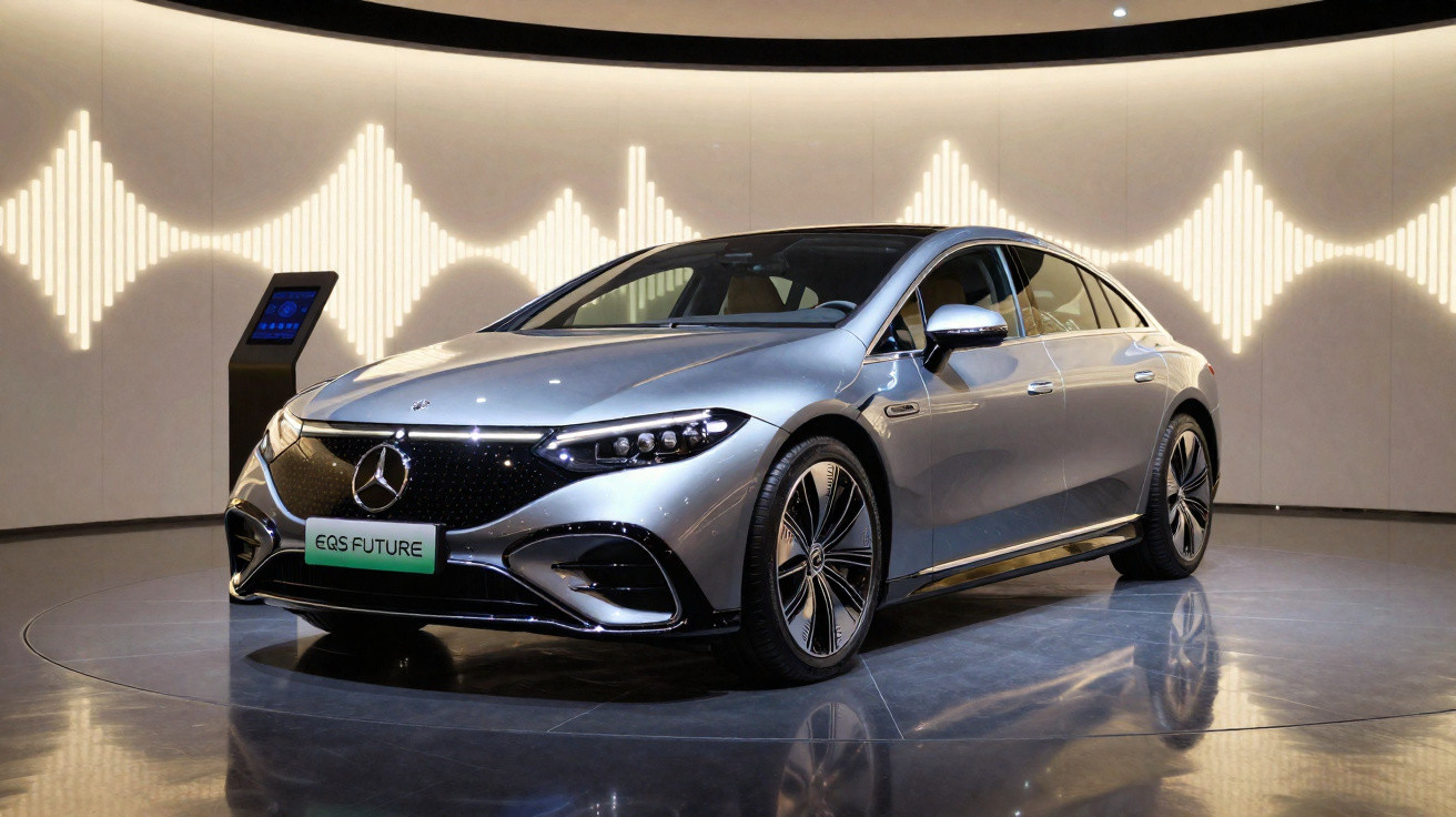 Voiture électrique Mercedes EQS Future grise exposée dans un showroom avec éclairage design en fond.