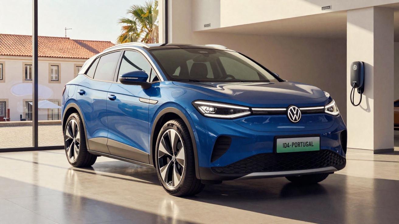Voiture électrique Volkswagen ID.4 bleue garée dans un showroom moderne avec borne de recharge murale.