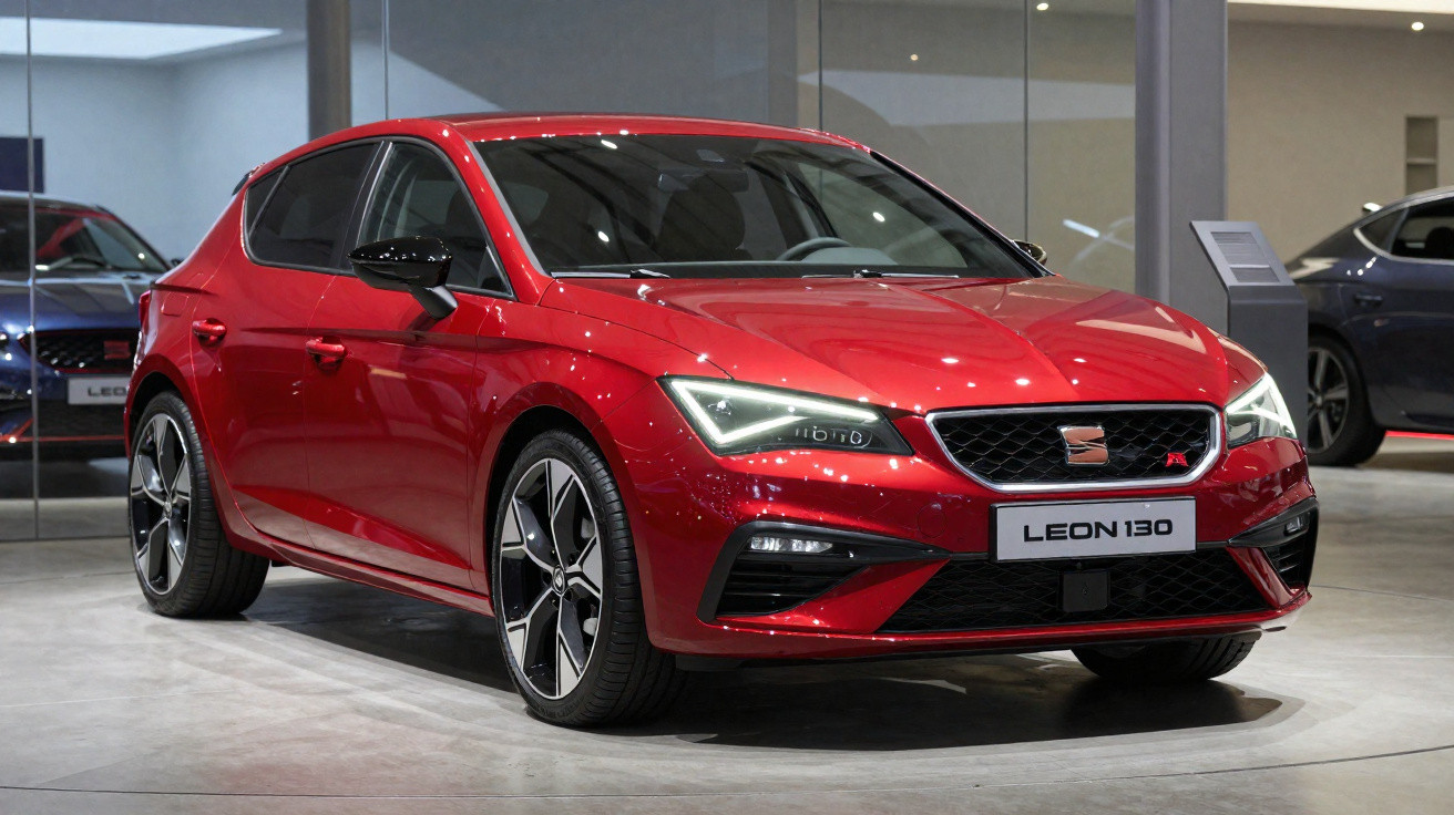 Voiture compacte rouge Seat Leon 130 exposée dans un showroom moderne avec éclairage intérieur.