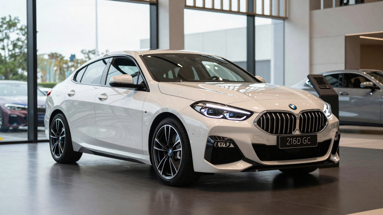 Voiture BMW blanche neuve exposée en intérieur avec phares allumés et jantes noires.