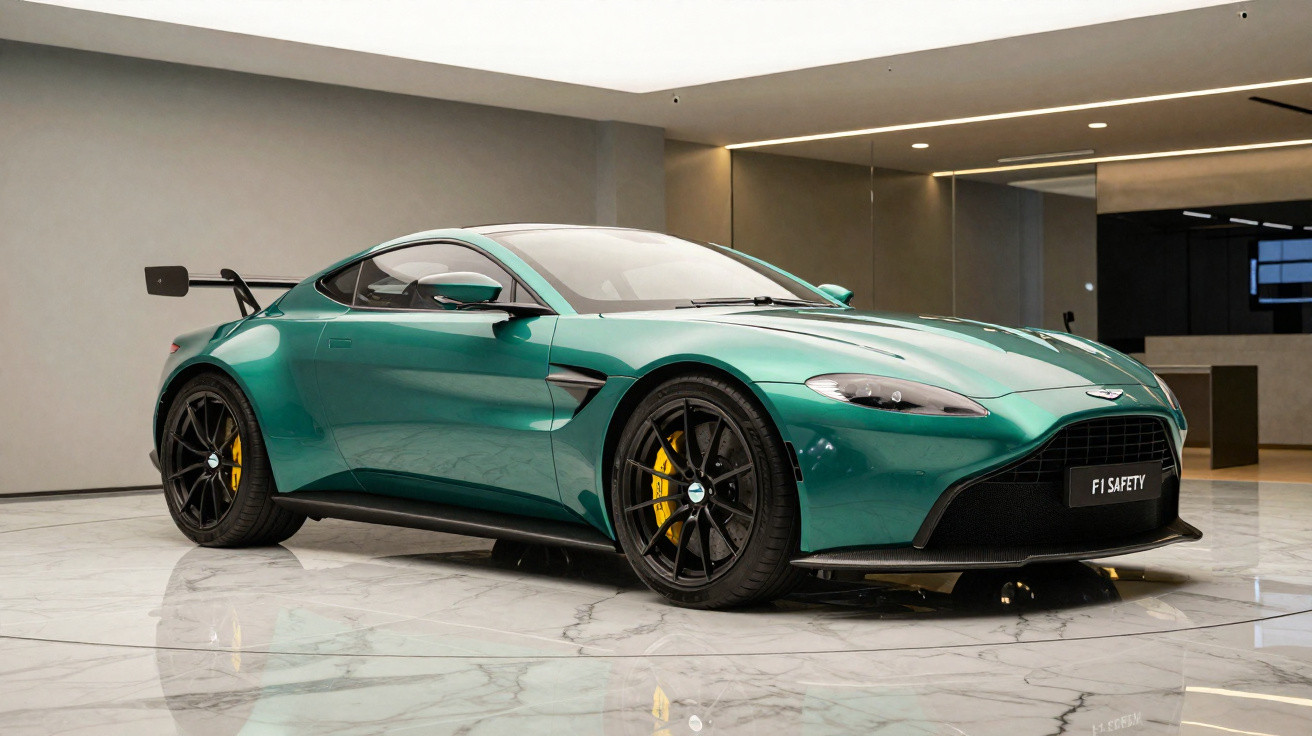 Voiture de sport verte métallique avec aileron arrière, jantes noires et freins jaunes dans un showroom moderne.