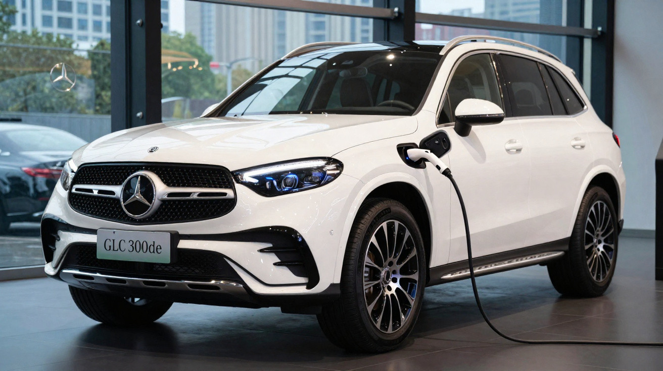 SUV électrique blanc Mercedes GLC 300de en charge dans un showroom moderne.