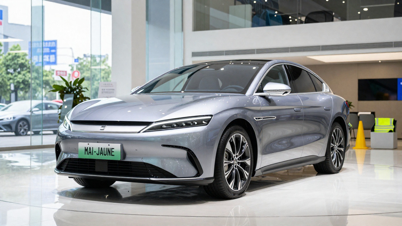 Voiture électrique grise moderne exposée dans un showroom lumineux avec grandes baies vitrées.