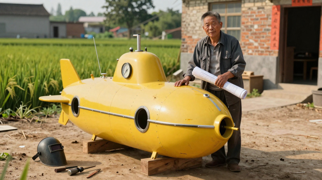 Homme âgé tenant un plan près d'un petit sous-marin jaune posé à terre dans un environnement rural.