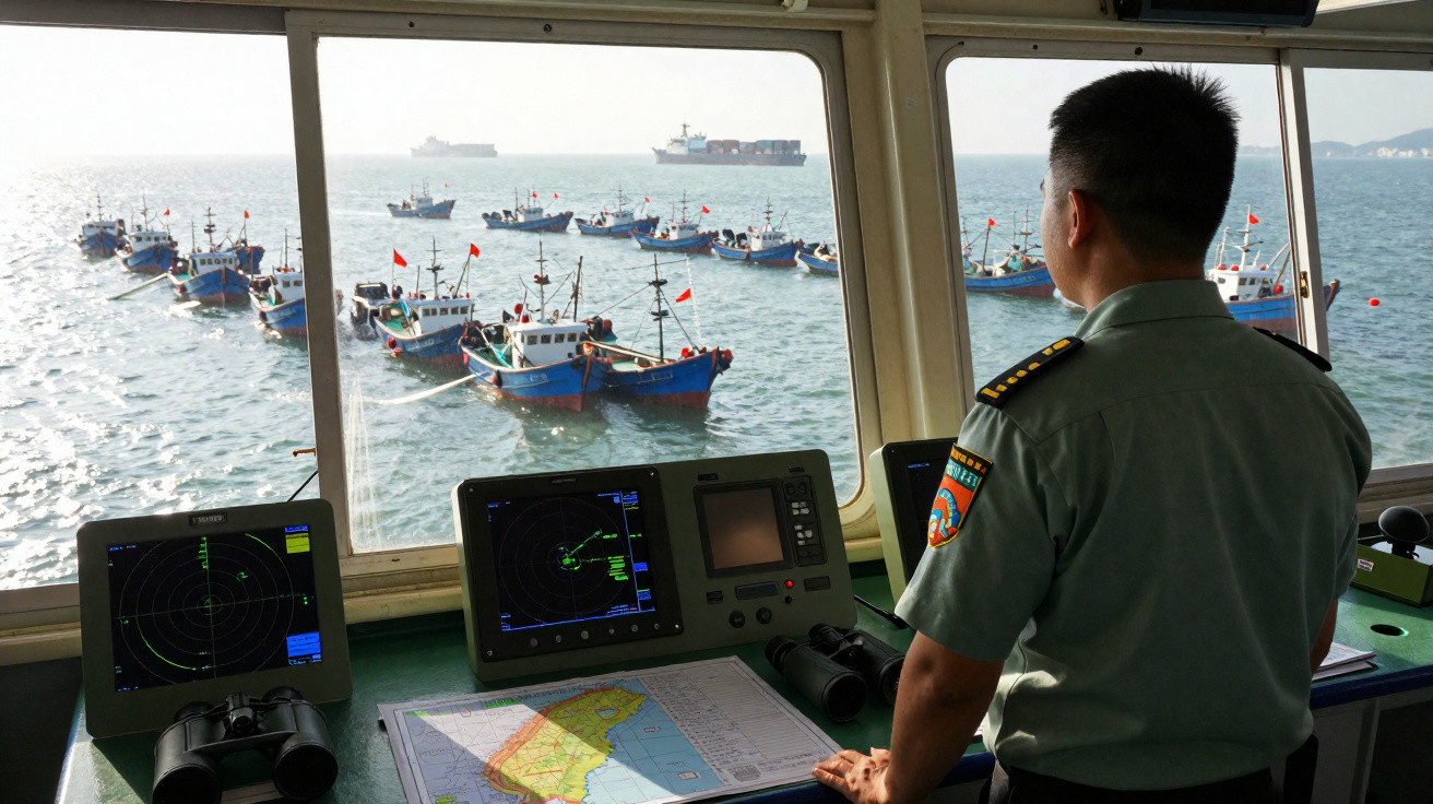 Un officier maritime surveille plusieurs bateaux de pêche depuis la passerelle d’un navire avec des radars et une carte.