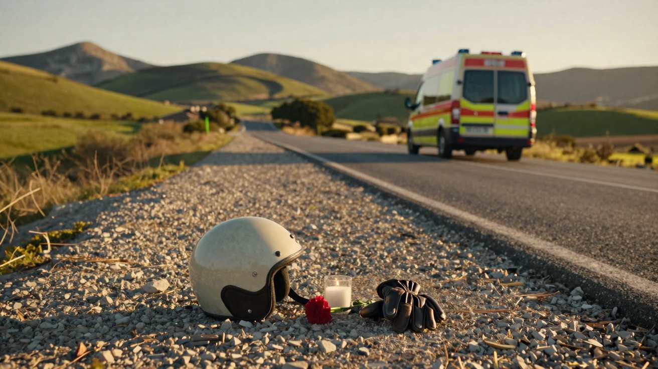 Casque, gants, bougie et fleur rouge déposés sur le bas-côté d'une route de campagne, ambulance en arrière-plan.