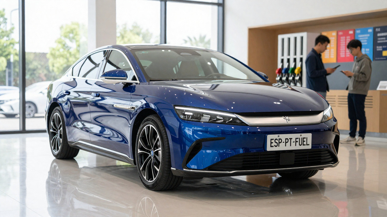 Voiture électrique bleue brillante garée dans un showroom moderne avec deux personnes en arrière-plan.