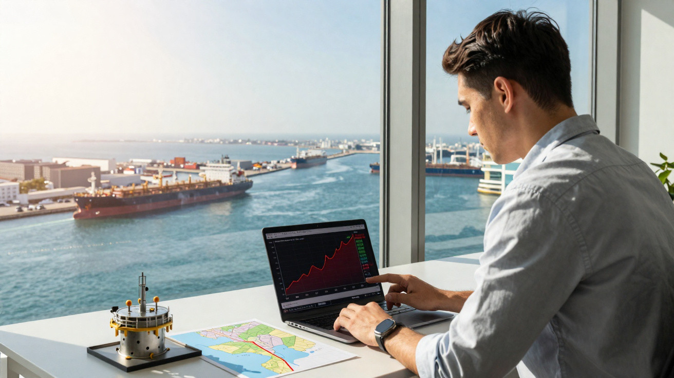 Homme analysant des données sur un ordinateur portable avec vue sur un port maritime et des navires au loin.