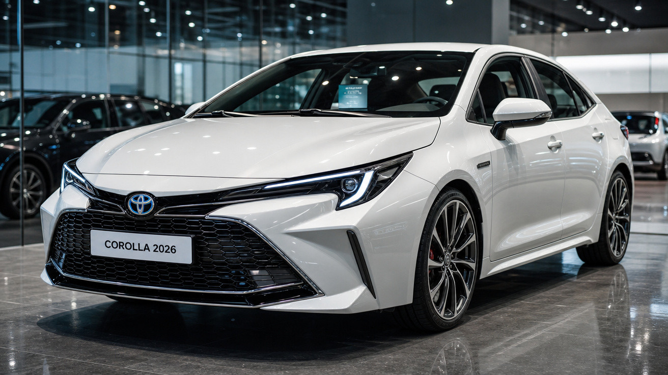 Voiture blanche Toyota Corolla 2026 exposée en showroom avec éclairage moderne et sol brillant.
