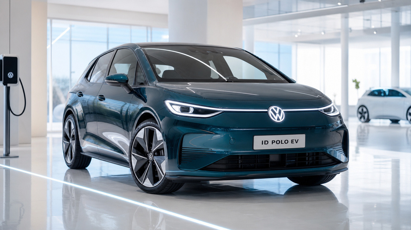 Voiture électrique Volkswagen ID Polo EV bleu foncé exposée dans un showroom lumineux moderne.
