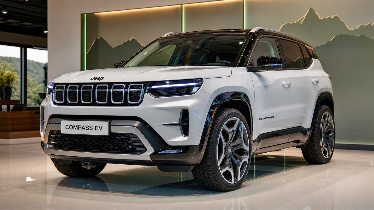 SUV Jeep Compass EV blanc exposé en intérieur avec éclairage moderne et décor montagne en arrière-plan.
