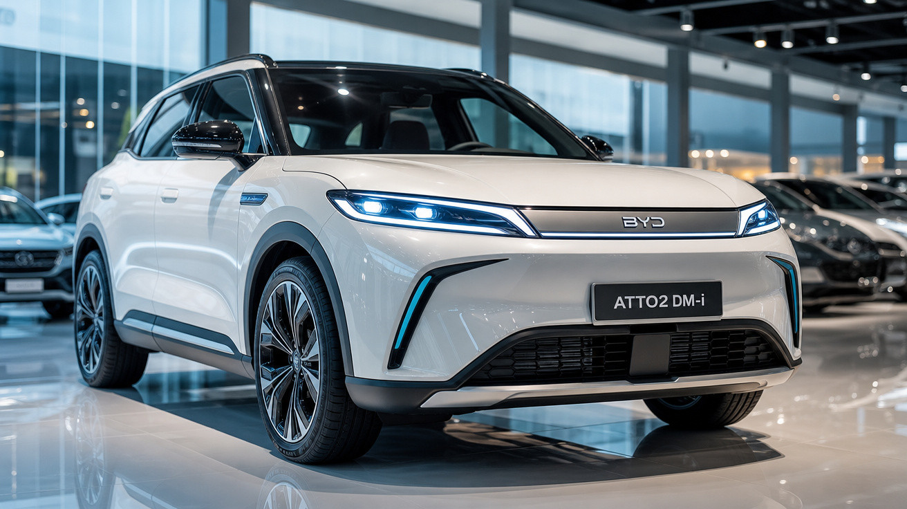 SUV électrique blanc BYD ATTO2 DM-i exposé dans un showroom moderne avec éclairage LED.