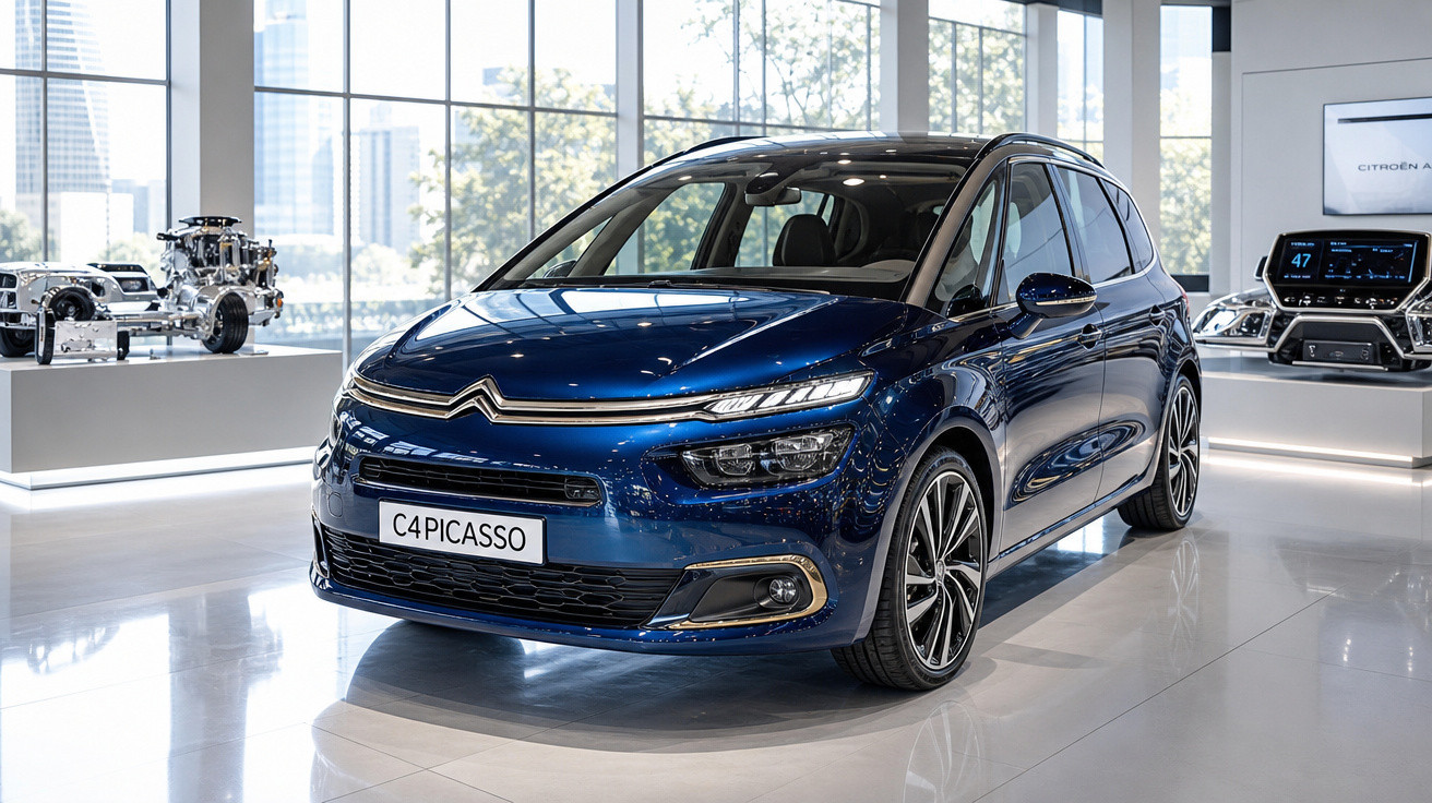 Voiture Citroën C4 Picasso bleu métallisé exposée en showroom moderne et lumineux.