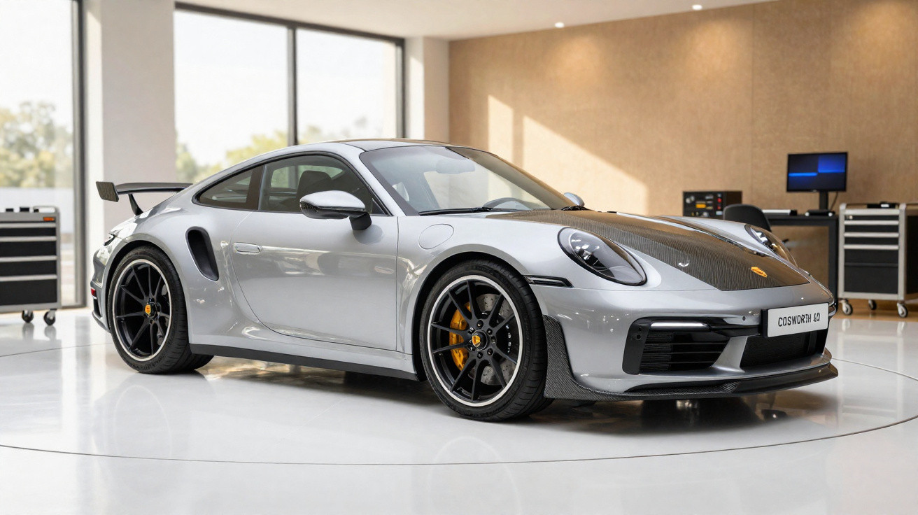 Voiture de sport grise Porsche 911 avec éléments en fibre de carbone exposée en showroom moderne.