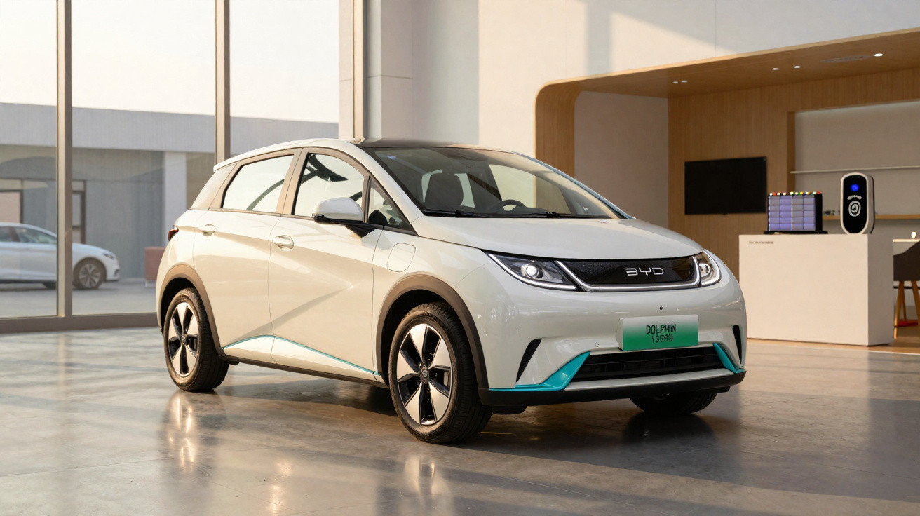 Voiture électrique BYD Dolphin blanche exposée en intérieur avec éclairage naturel et moderne.