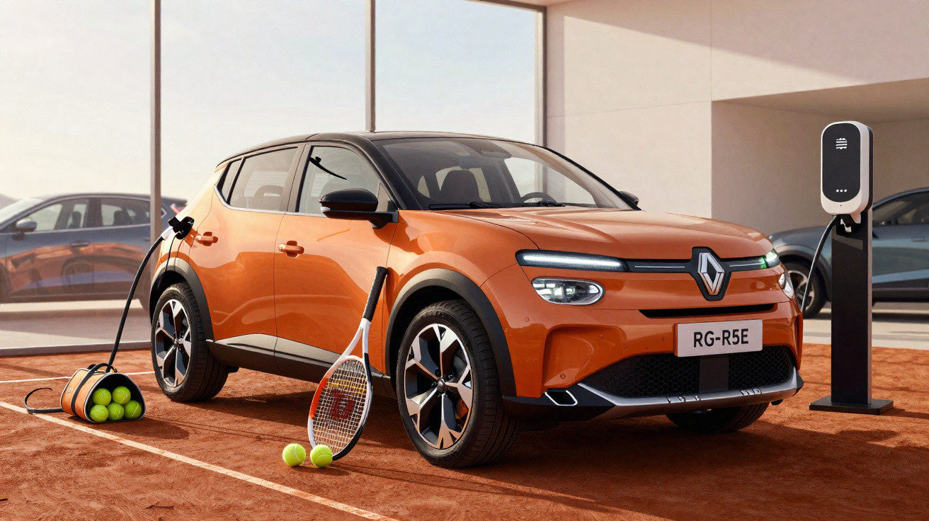 Voiture électrique orange Renault Zoe en charge sur un court de tennis avec raquette et balles de tennis.