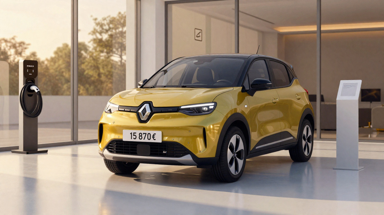Voiture électrique compacte jaune Renault en exposition dans un showroom moderne avec borne de recharge.