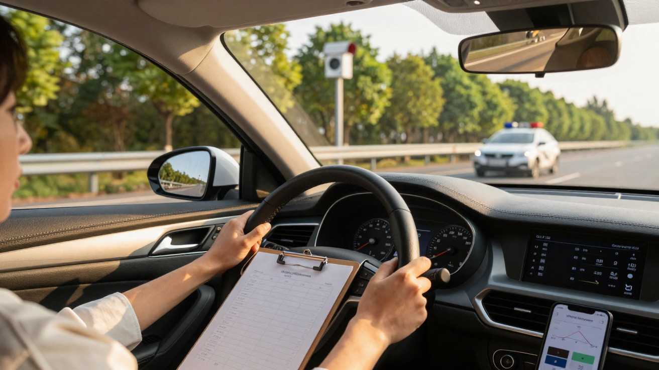 Conductrice tenant un volant et un clipboard, voiture en mouvement avec radar de vitesse et voiture de police en arrière-plan