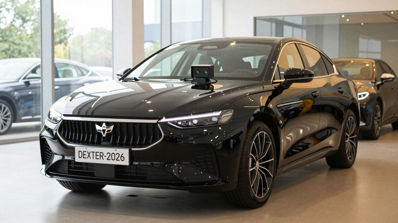Voiture noire DEXTER-2026 avec caméra montée sur capot dans un showroom lumineux.