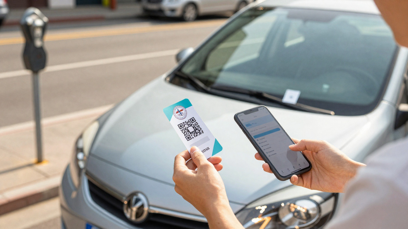 Une personne tient un smartphone et un ticket avec un QR code devant une voiture garée sur rue.
