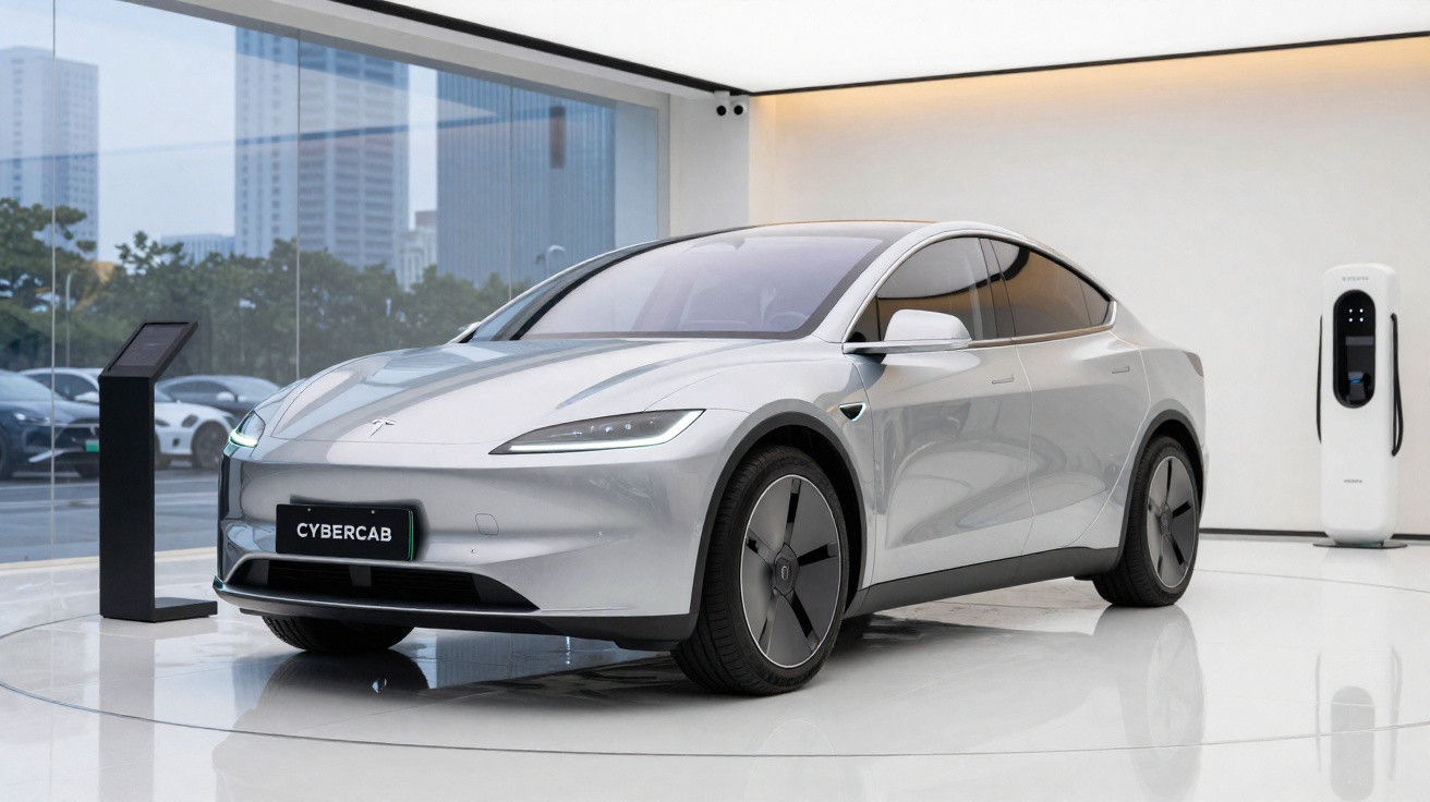Voiture électrique grise moderne exposée dans un showroom lumineux avec borne de recharge blanche.