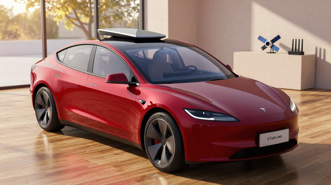 Voiture électrique berline rouge avec toit équipé d’un dispositif satellite Starlink, stationnée à l’intérieur.