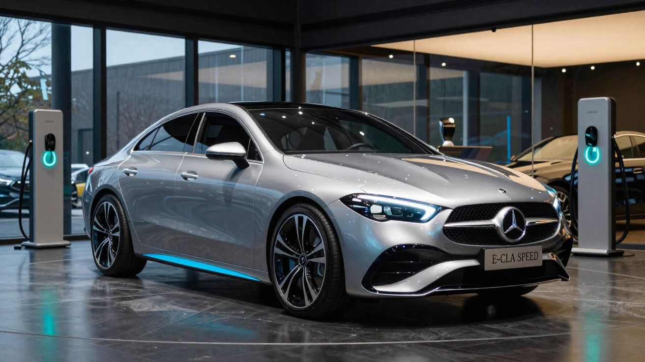 Voiture électrique Mercedes E-CLA Speed grise stationnée dans un showroom moderne, chargée aux bornes de recharge.