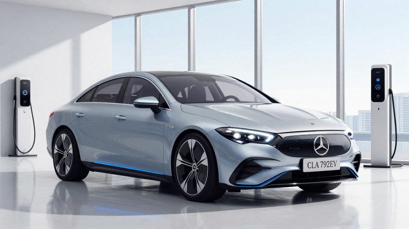 Voiture électrique Mercedes CLA grise garée dans un garage lumineux avec deux bornes de recharge.