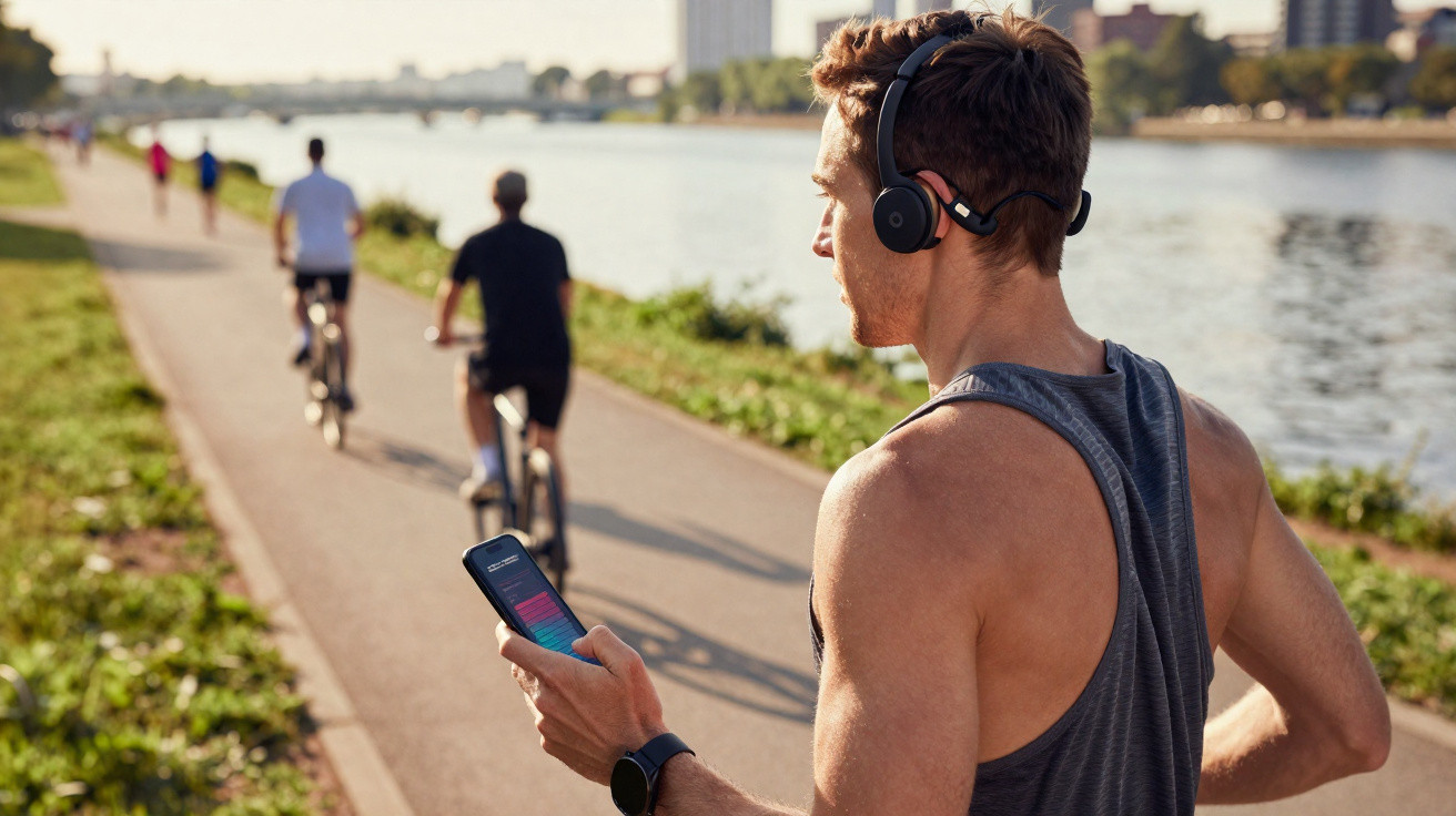 Homme en tenue de sport avec casque audio et smartphone près d’une rivière, piste cyclable avec cyclistes en arrière-plan.