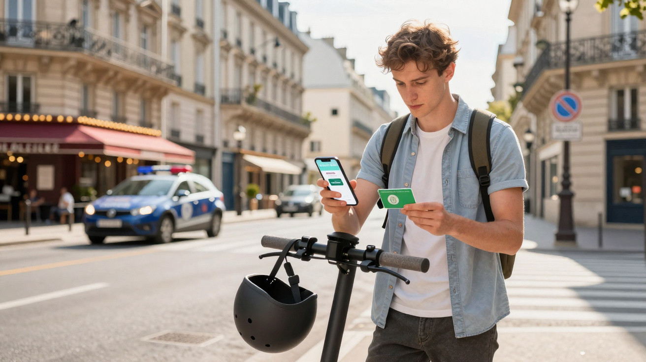 Jeune homme en ville consultant un ticket et son téléphone à côté d'une trottinette électrique avec casque.