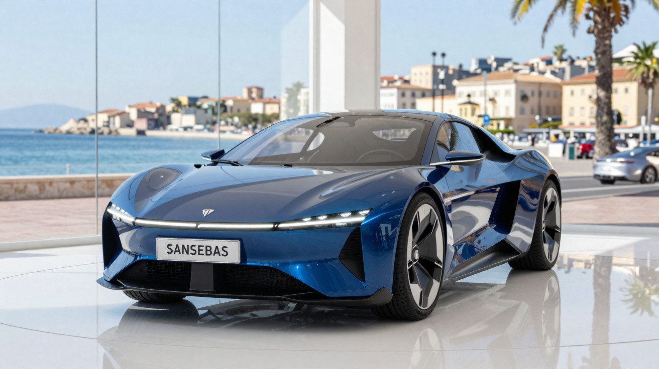Voiture de sport électrique bleue brillante exposée dans un showroom avec vue sur mer et bâtiments en arrière-plan.