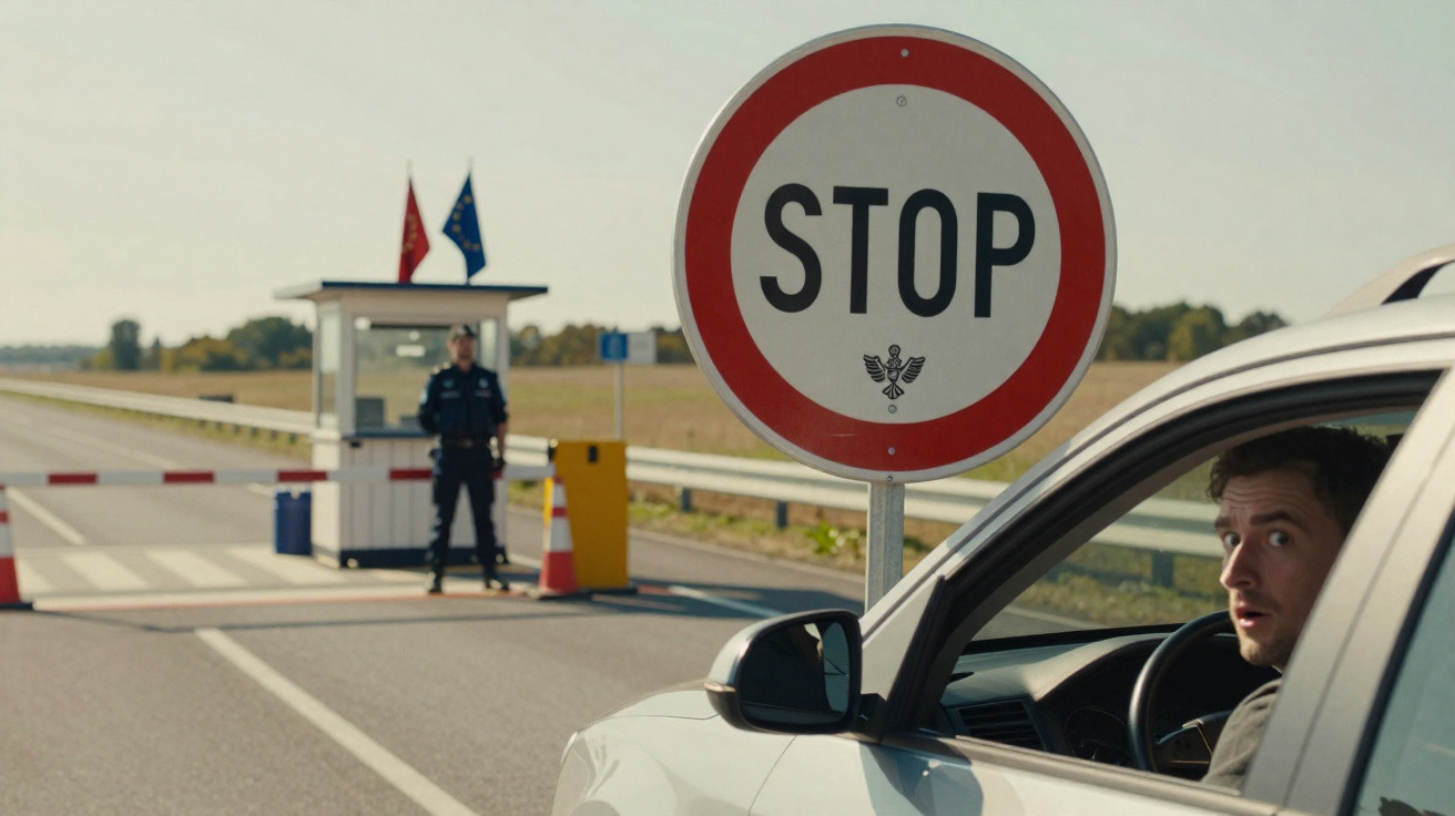 Un homme en voiture arrêté devant un panneau stop, avec un agent et une barrière de contrôle routier.