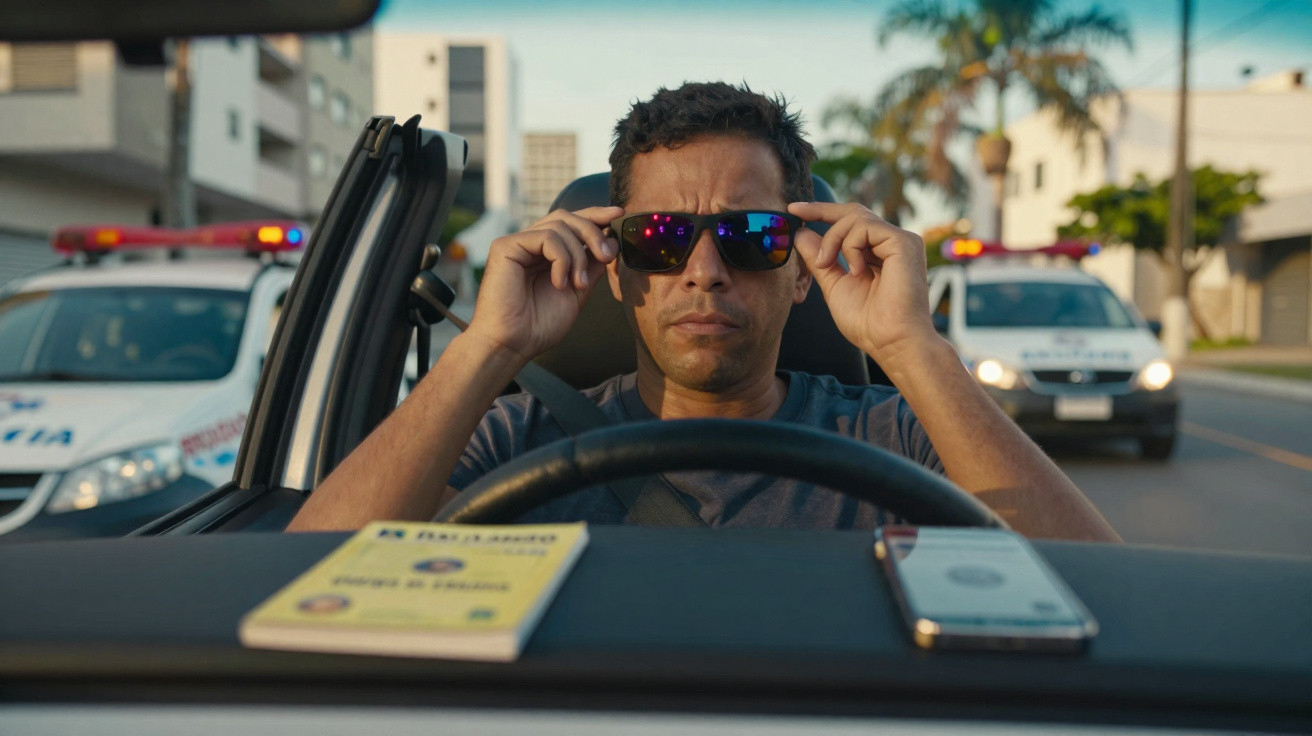 Homme ajustant ses lunettes de soleil au volant, deux voitures de police avec sirènes allumées derrière lui.
