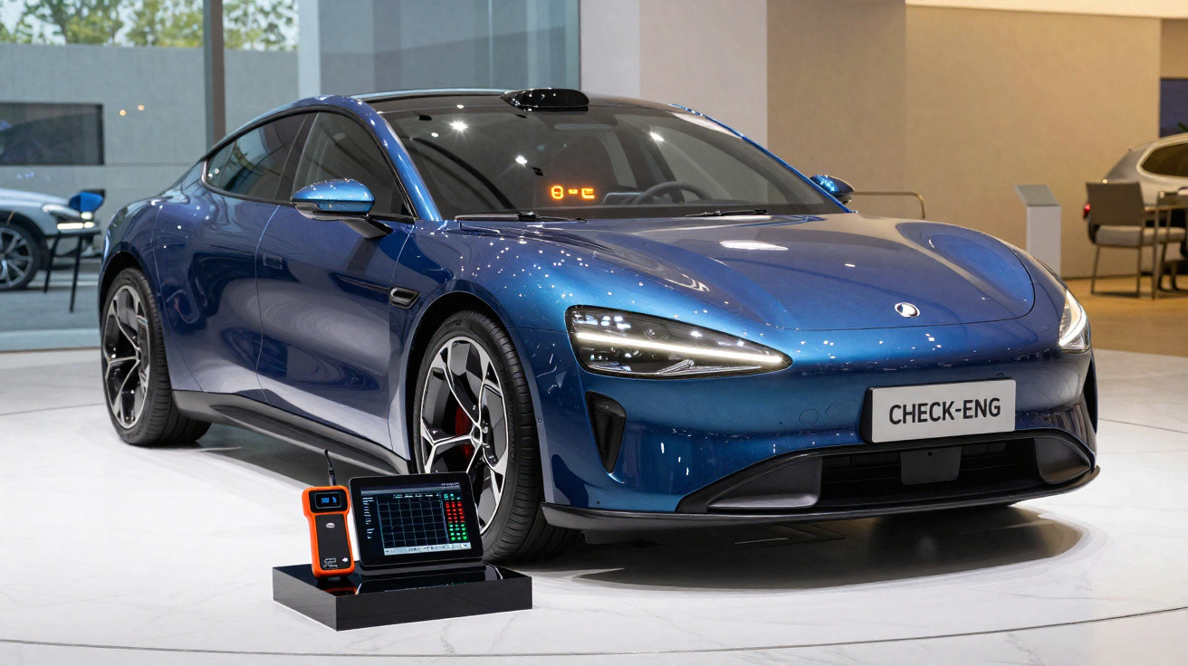 Voiture de sport électrique bleue exposée en intérieur avec un appareil de diagnostic posé devant.