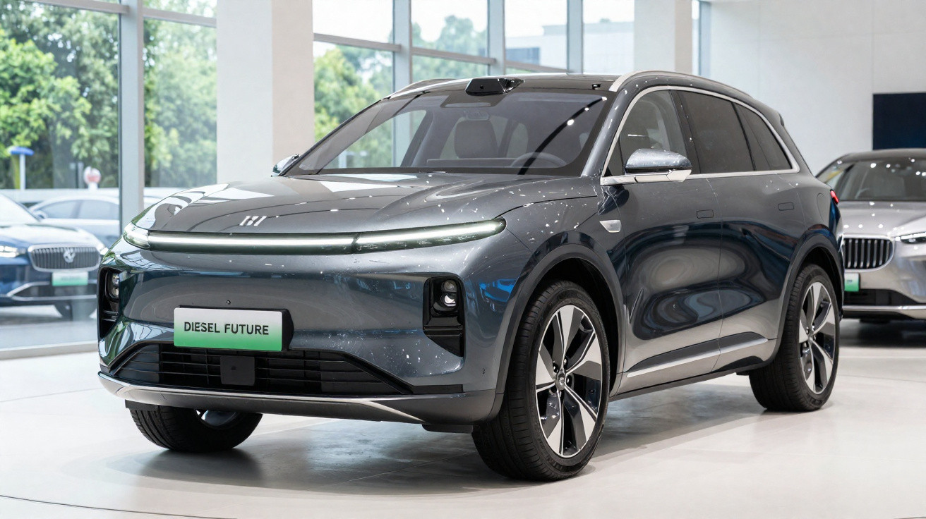 SUV électrique gris métallisé exposé en showroom avec grandes fenêtres et autres voitures visibles en arrière-plan.
