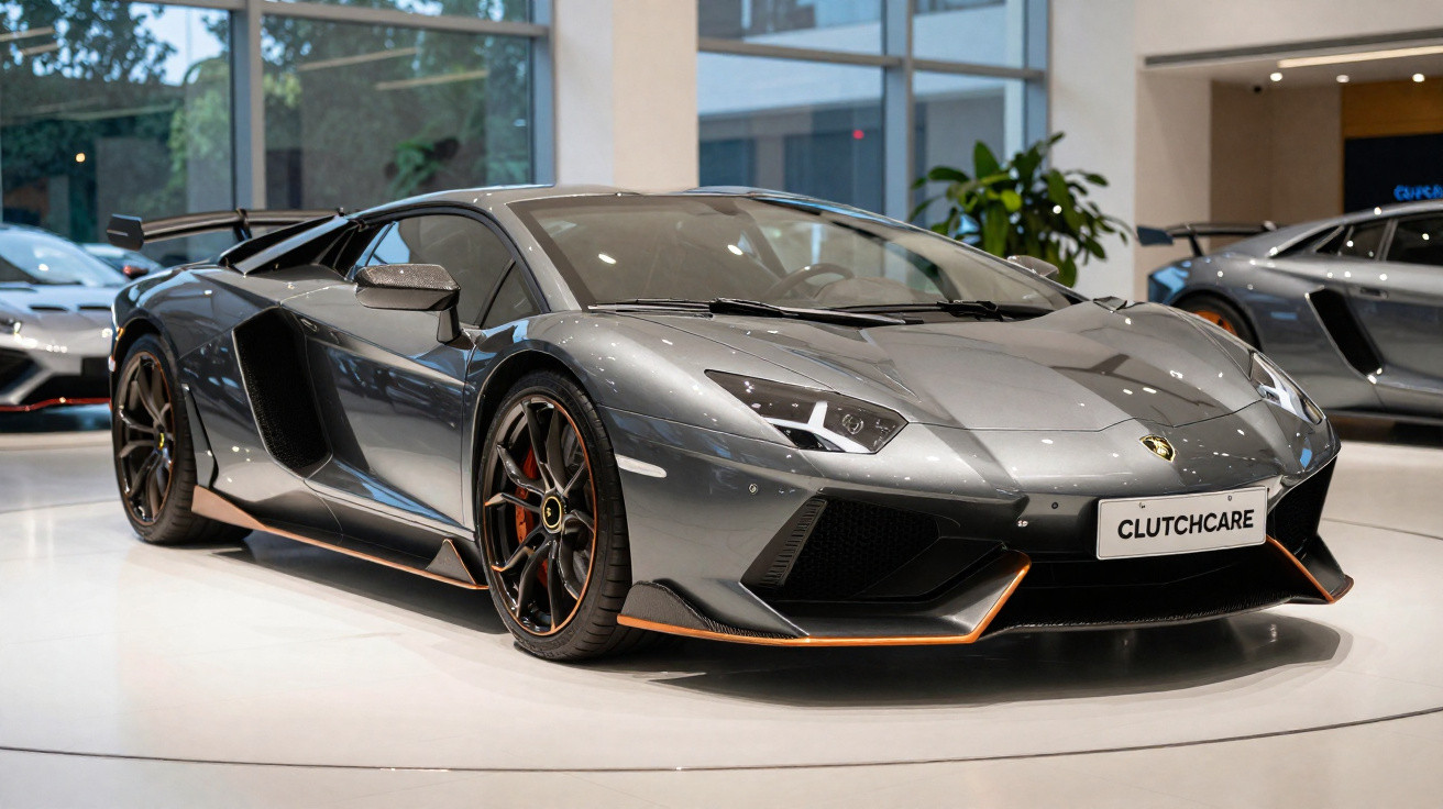 Voiture de sport Lamborghini grise exposée dans un showroom moderne avec éclairage intérieur.