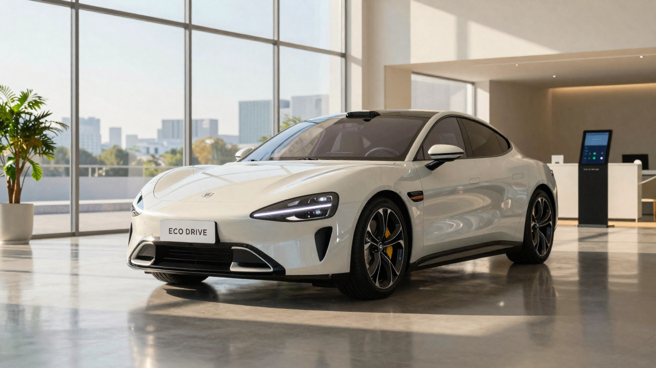 Voiture électrique blanche garée dans un showroom moderne avec grandes baies vitrées et plante verte.