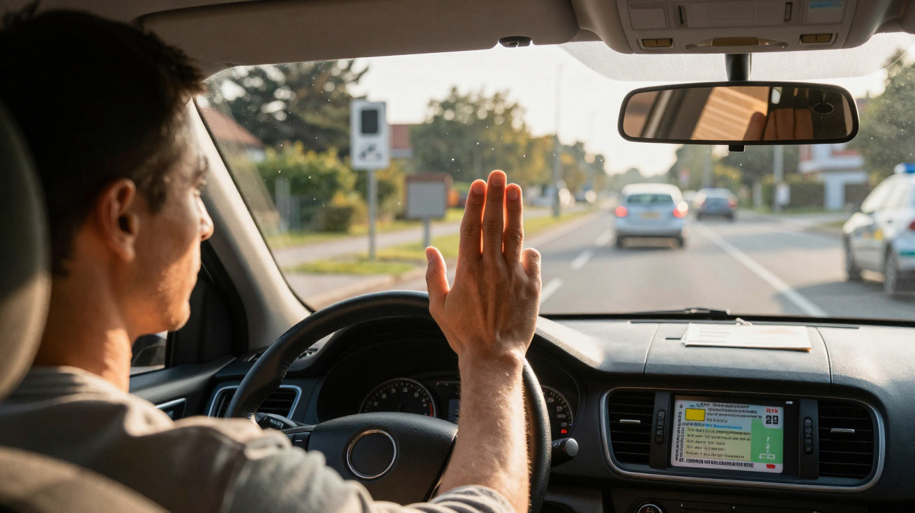Homme au volant faisant signe de la main droite pendant qu'il conduit une voiture en ville.