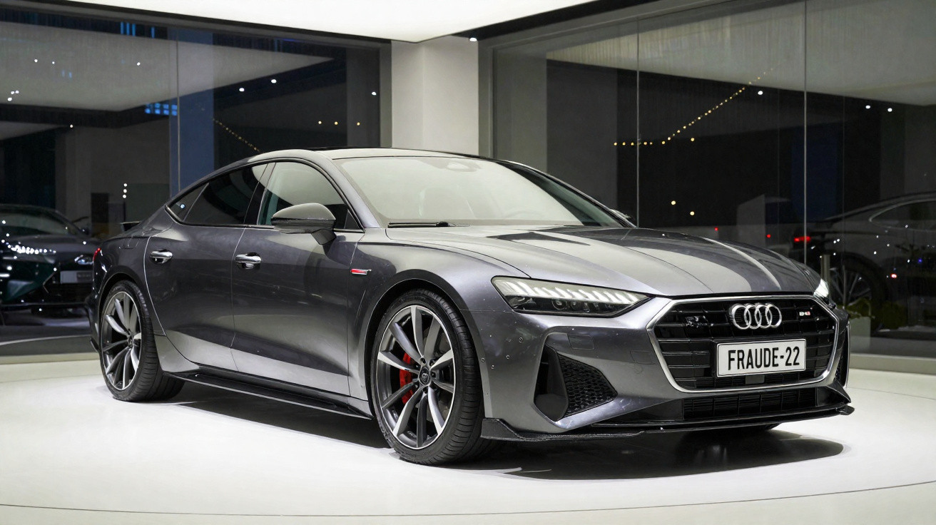 Voiture Audi grise moderne exposée en showroom avec plaques d’immatriculation personnalisées FRAUDE-22.