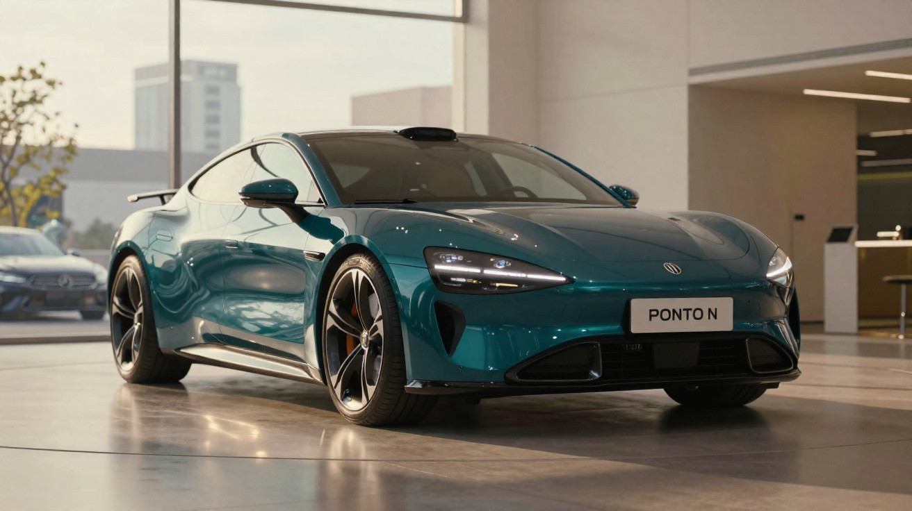 Voiture sportive électrique bleue brillante exposée dans un showroom moderne avec de grandes fenêtres.