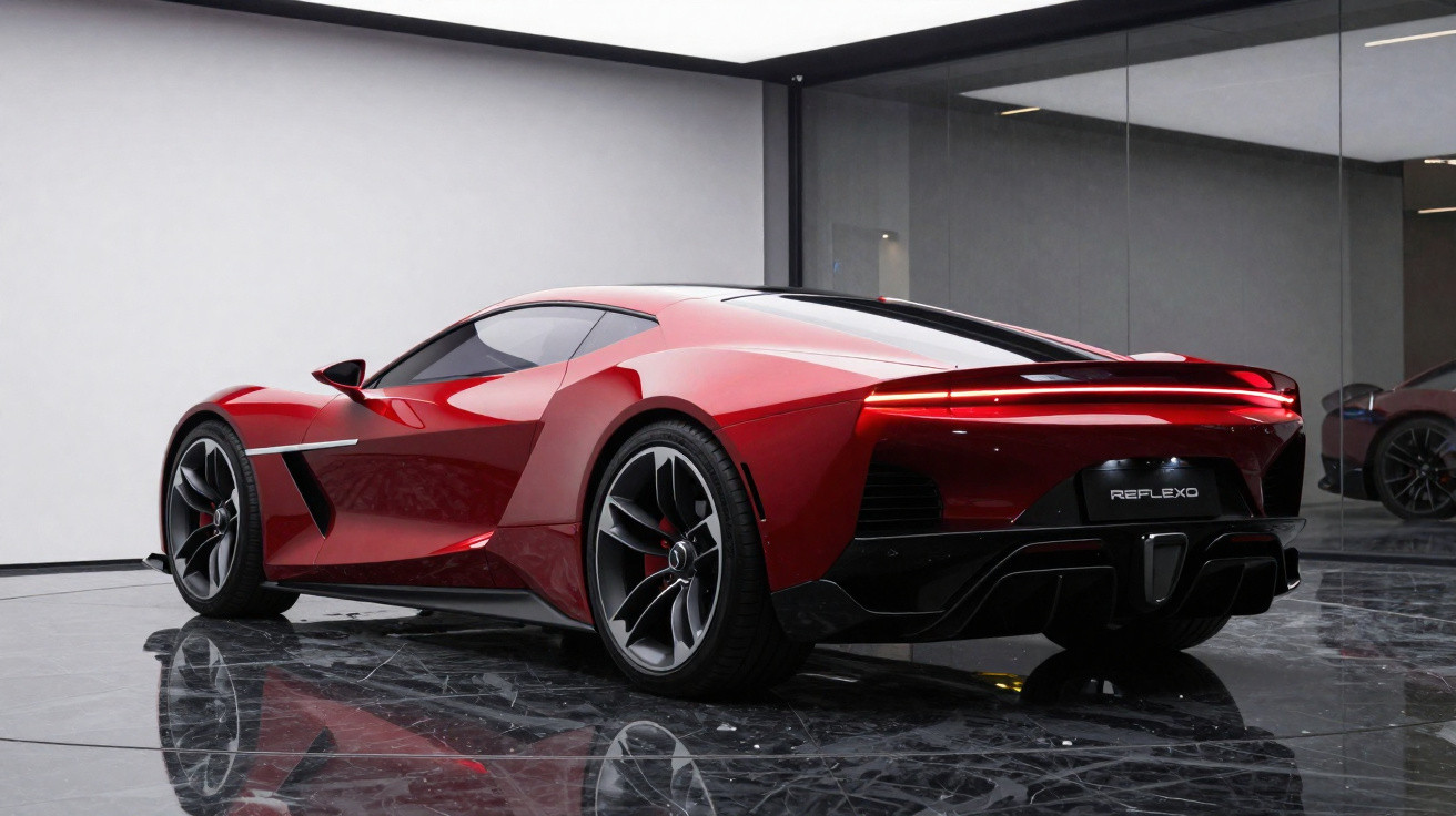 Voiture de sport rouge brillante stationnée dans une pièce moderne avec sol en marbre noir et murs blancs.