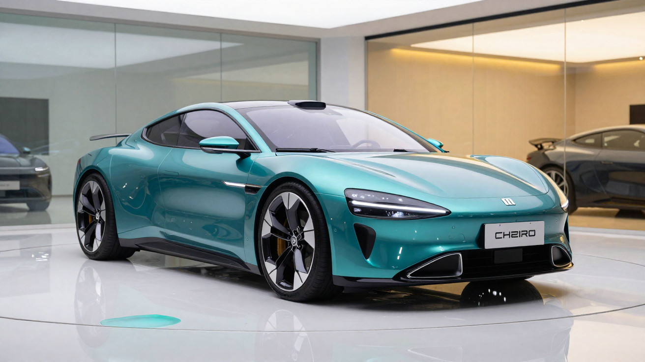 Voiture électrique sport turquoise brillante exposée dans un showroom moderne et lumineux.