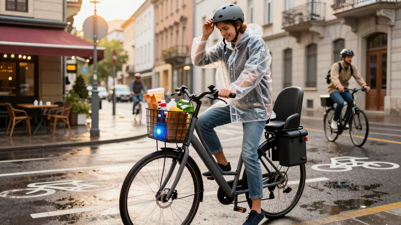 Personne avec casque et poncho transparent fait du vélo électrique en ville sous la pluie, panier avec courses devant.