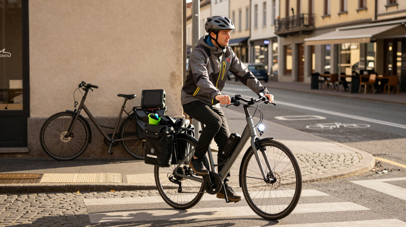 Homme avec casque roulant à vélo électrique dans une rue urbaine au soleil du matin.